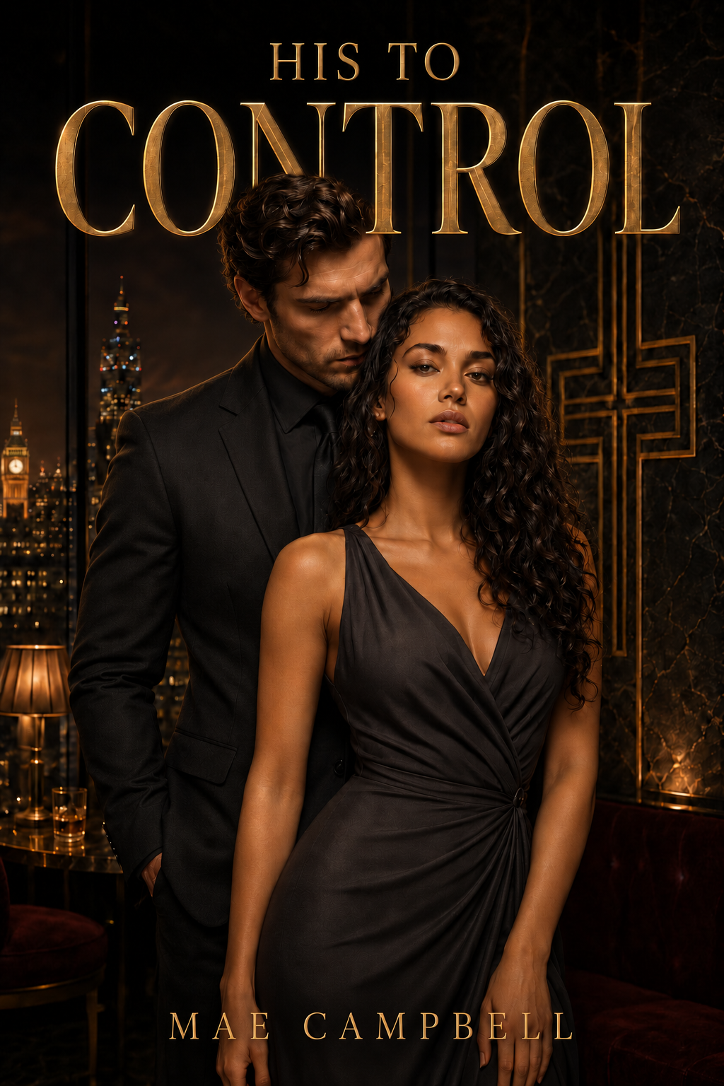 His to Control by Mae Campbell: Jamerson and Sydney against a dark, gold-lit London backdrop