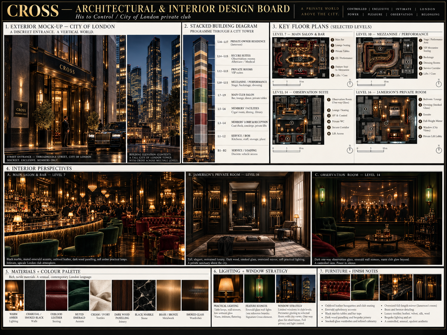 The main salon and bar at Cross, with warm gold lighting, black marble, emerald bar stools and oxblood leather seating